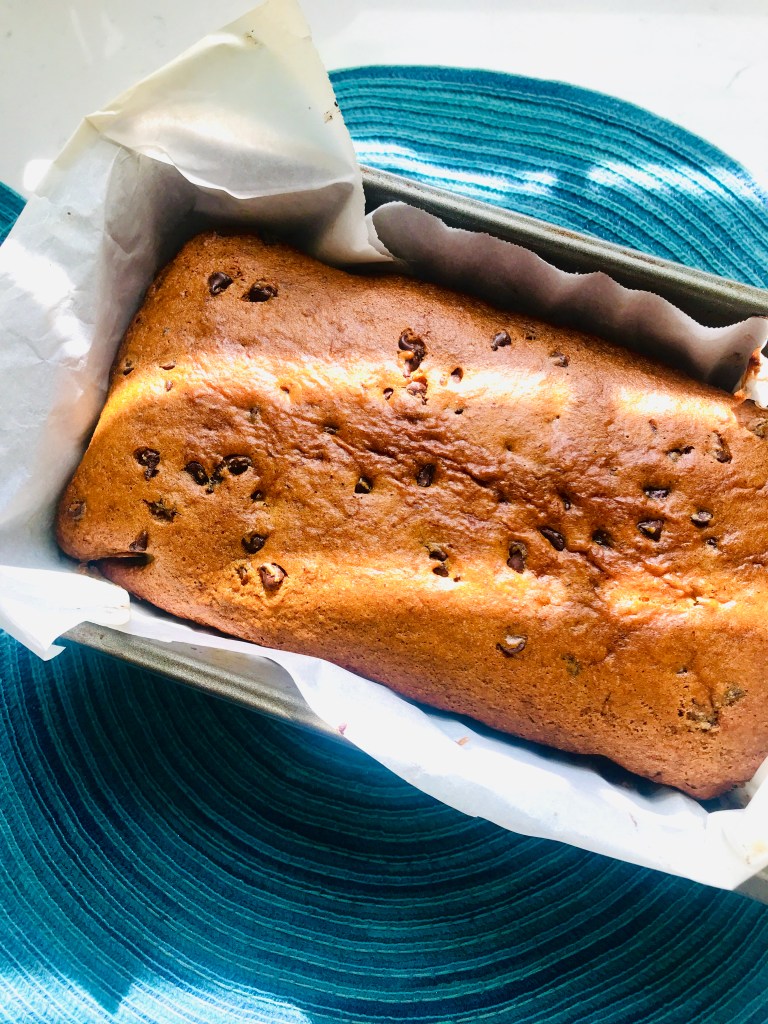 Vegan Banana bread with chocolate chips out of the oven