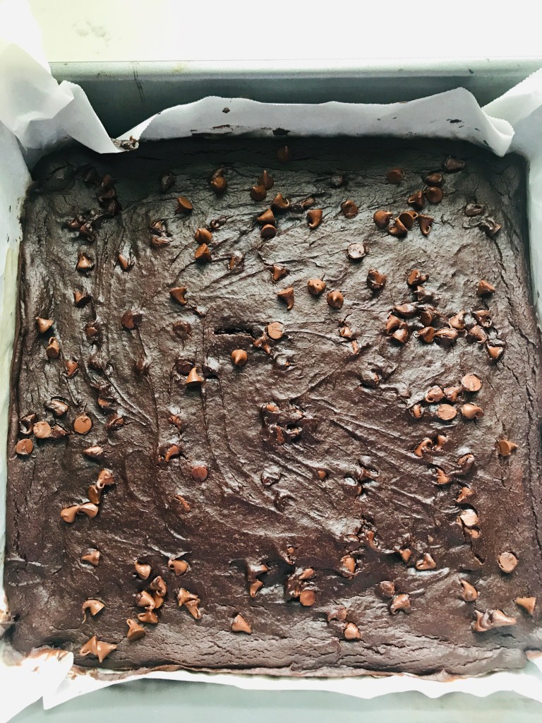baked avocado brownie out of the oven