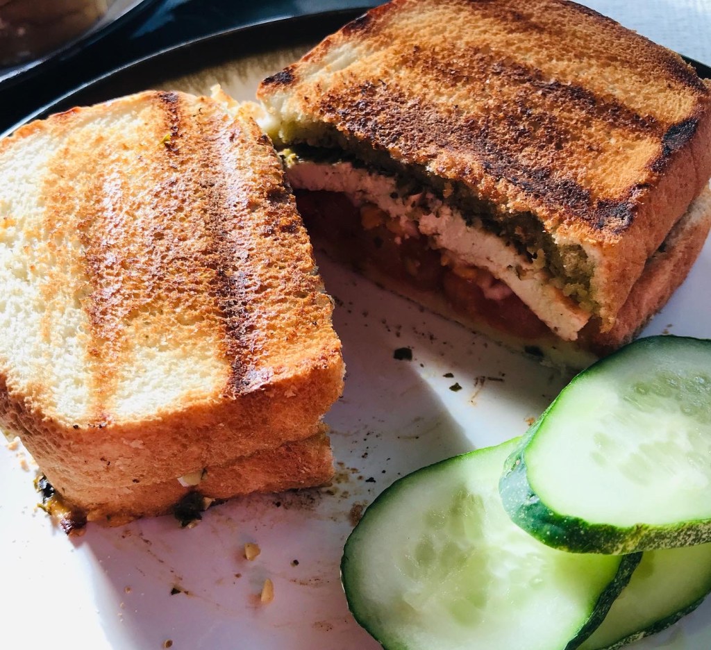 Homemade grilled pesto and tofu sandwich