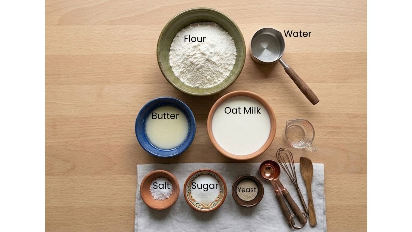 Baking ingredients in bowls on a wooden surface, labeled: Flour, Water, Butter, Oat Milk, Salt, Sugar, Yeast.